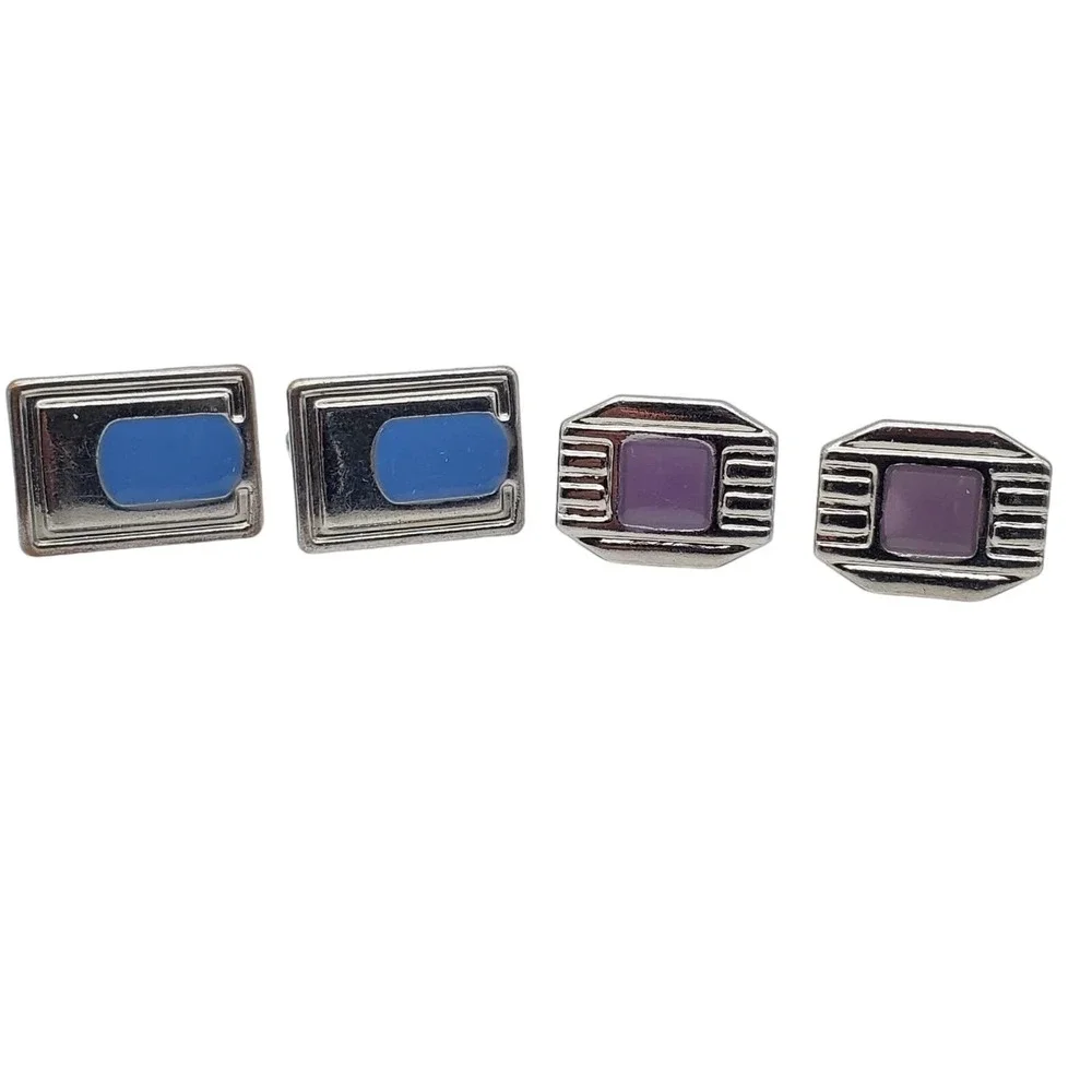 Blue & Purple Enamel Cufflinks Silver Tone Ribbed Suit Accessory Pair Deco Style